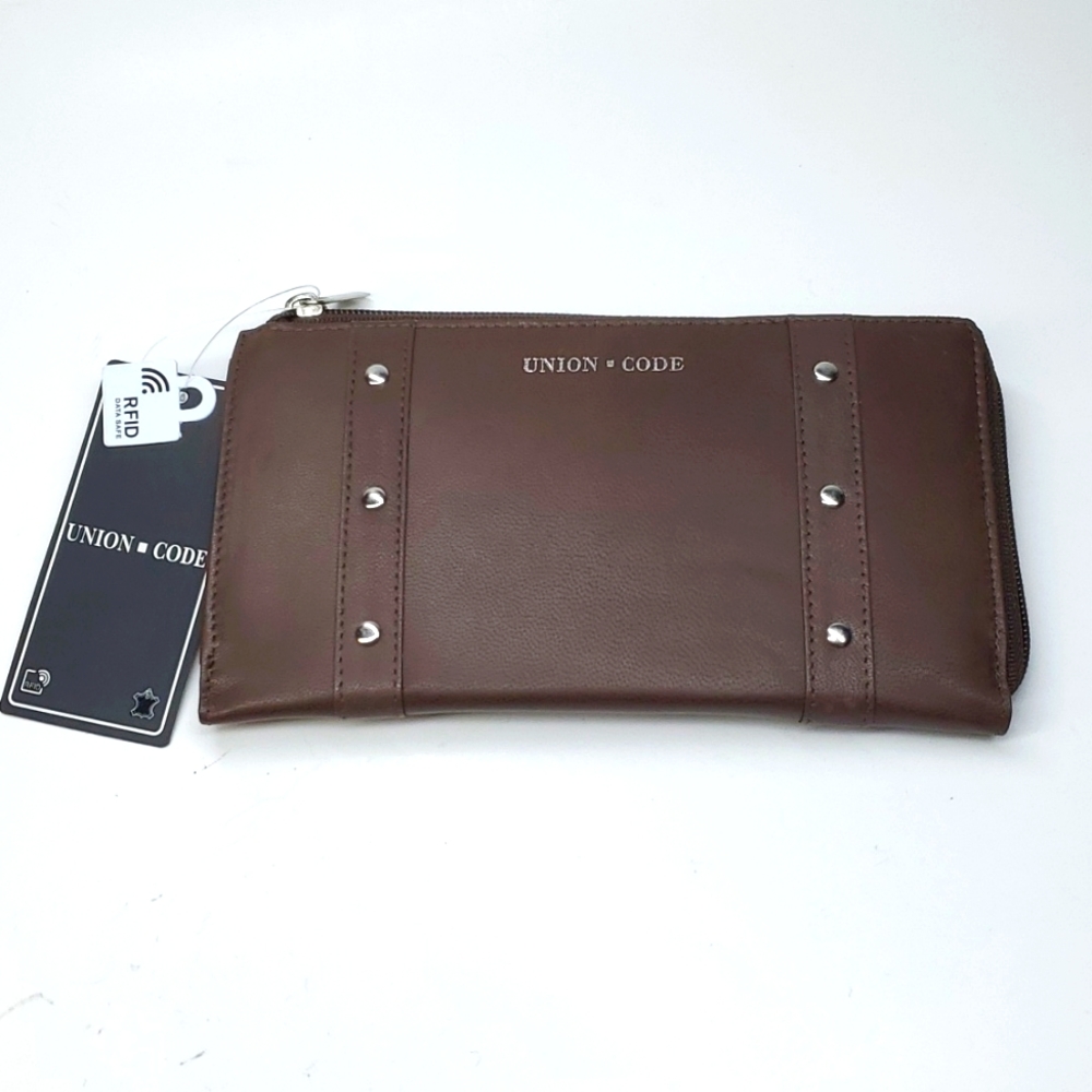 Union Code Brown Genuine Leather RFID Zippered Wallet NWT